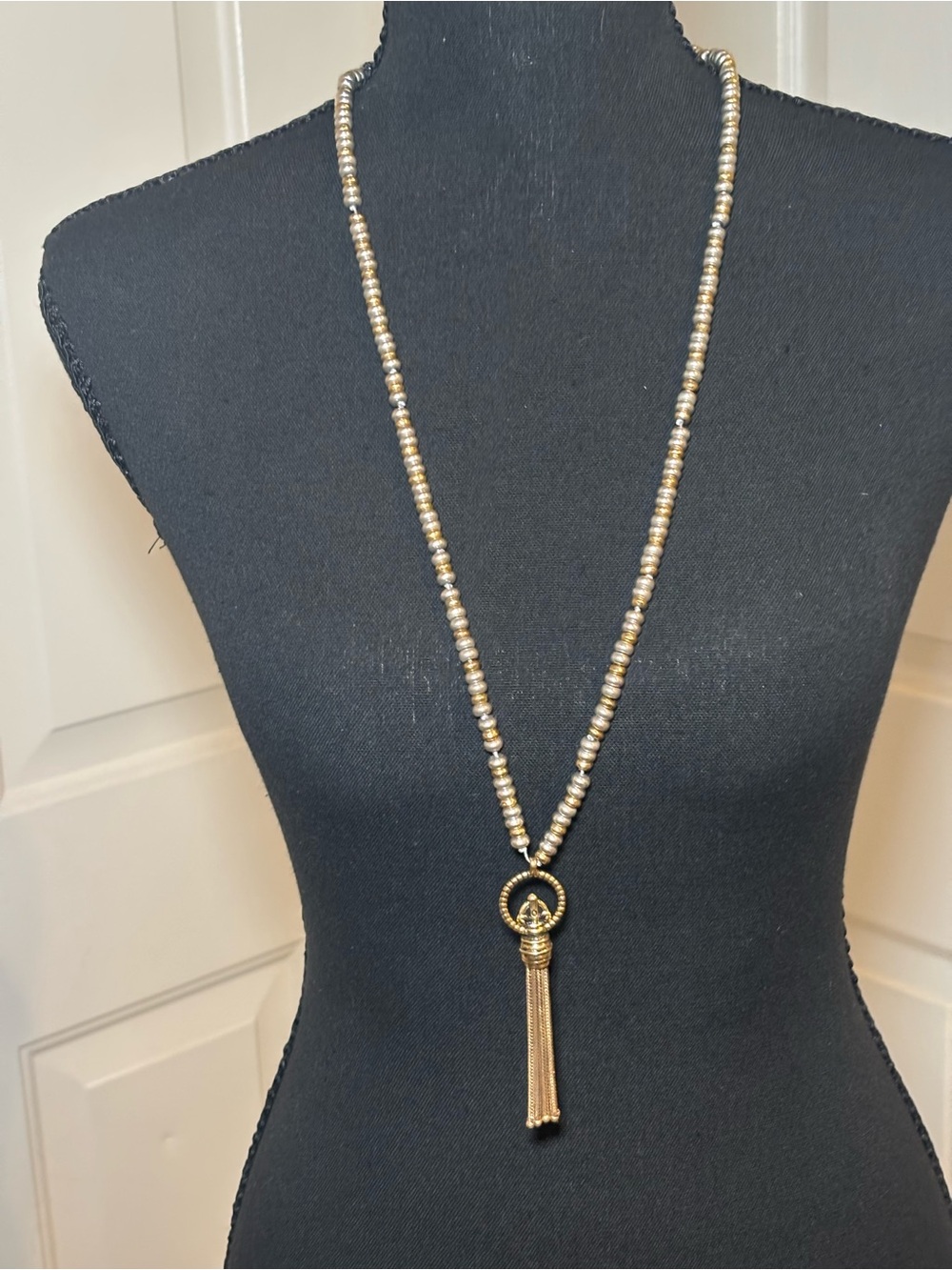 Lucky Brand Gold and Silver Beaded Tassel Pendant Necklace
